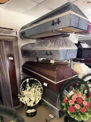 Гробы в ткани: серо-голубой, серебристый с драпировкой, коричневый